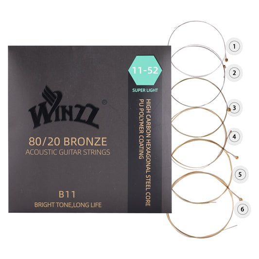 WINZZ Acoustic Guitar Strings Set – Hex Core High Carbon Steel with 80/20 Bronze Wound and Anti-Rust PU Coating