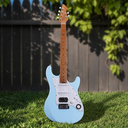 Guitarra eléctrica WINZZ Gravity Series-WGS100 de cuerpo de aliso macizo con mástil de arce tostado, pastillas HSS, diapasón de palisandro, cuerdas D'Addario EXL120 y mini trémolo de doble bloqueo.