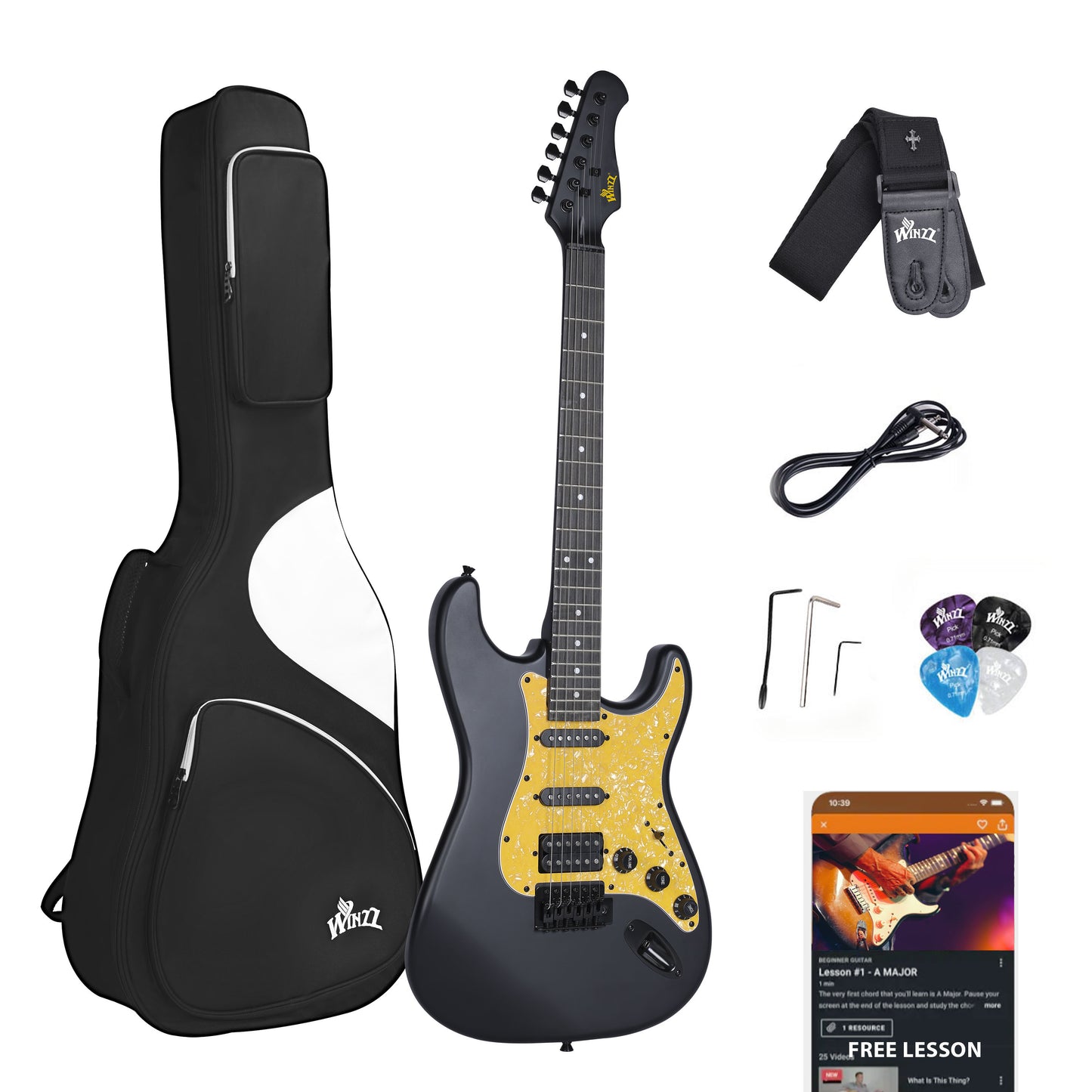WINZZ Solid Poplar Wood Electric Guitar With Yellow Pickguard - 39-Inch Beginner-Friendly Design, Perfect for Practice and Performance