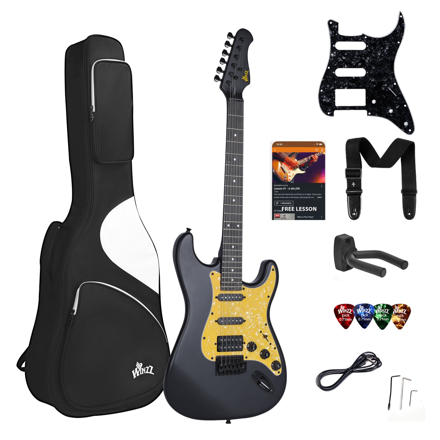 WINZZ Solid Poplar Wood Electric Guitar With Yellow Pickguard - 39-Inch Beginner-Friendly Design, Perfect for Practice and Performance