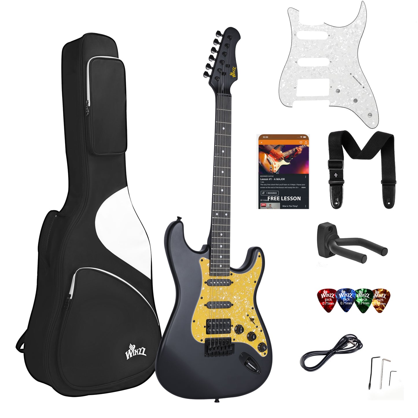 WINZZ Solid Poplar Wood Electric Guitar With Yellow Pickguard - 39-Inch Beginner-Friendly Design, Perfect for Practice and Performance