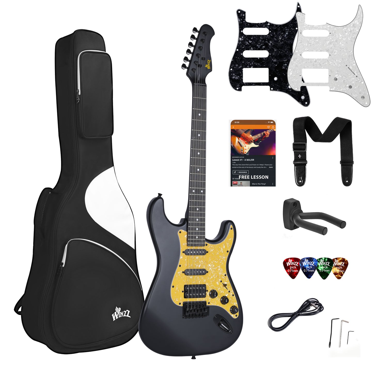 WINZZ Solid Poplar Wood Electric Guitar With Yellow Pickguard - 39-Inch Beginner-Friendly Design, Perfect for Practice and Performance