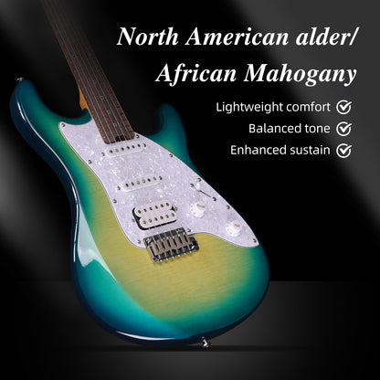 WINZZ Gravity PRO Series -WGS150 Solid Alder Body ST electric guitar With Roasted Maple Neck, HSS Pickups, Rosewood Fingerboard, D'Addario EXL120 Strings, Mini Double Locking Tremolo