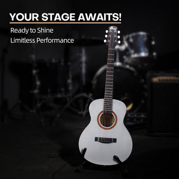 Acoustic guitar with 'Your Stage Awaits!' text and music equipment in the background
