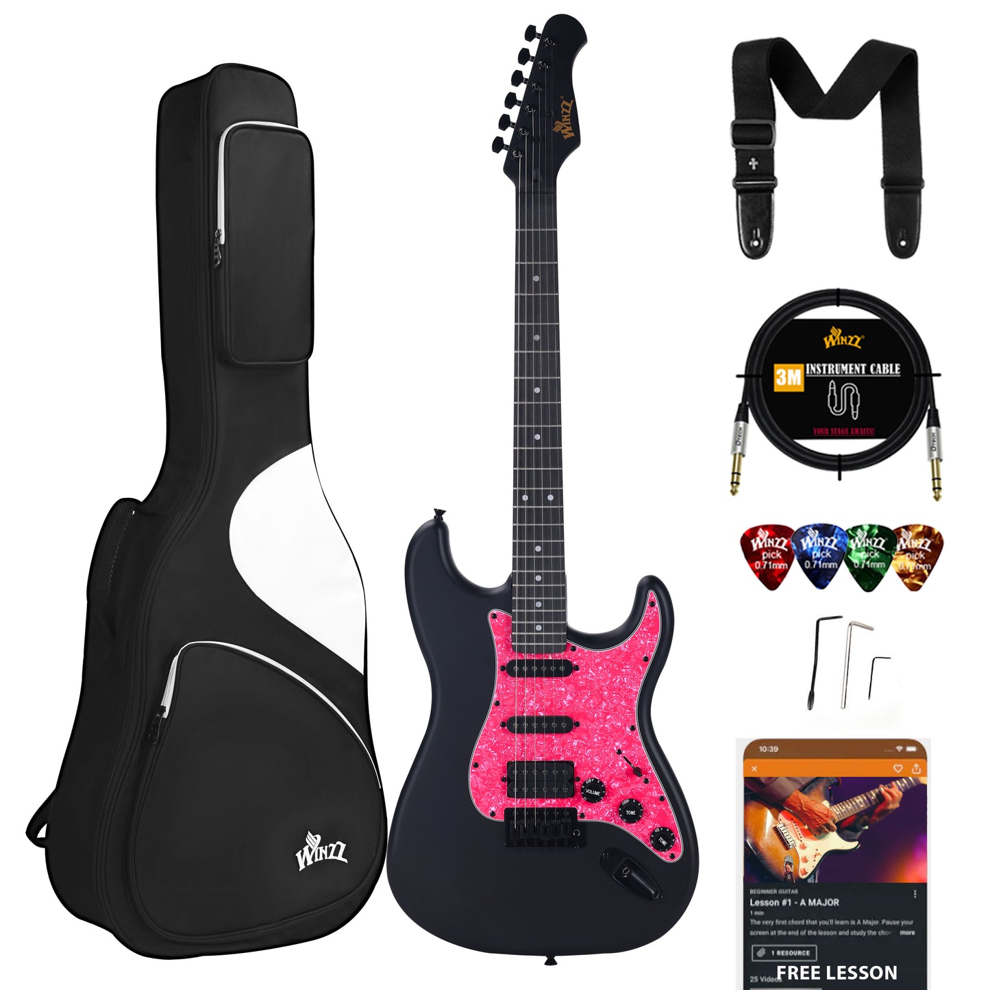 WINZZ Solid Poplar Wood Electric Guitar With Pink Pickguard - 39-Inch Beginner-Friendly Design, Perfect for Practice and Performance