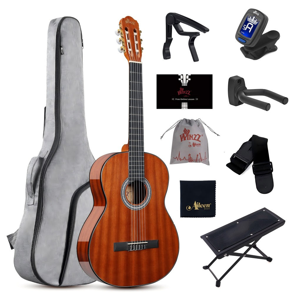 WINZZ beginner classical guitar kit with gig bag, tuner, and free lessons.