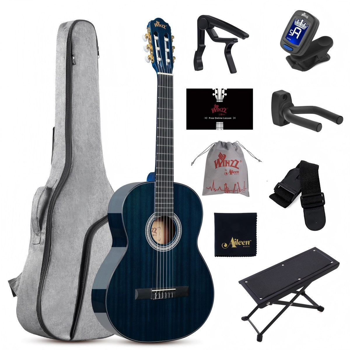 Side view of the WINZZ 44-inch nylon-string classical guitar showcasing its slim body.