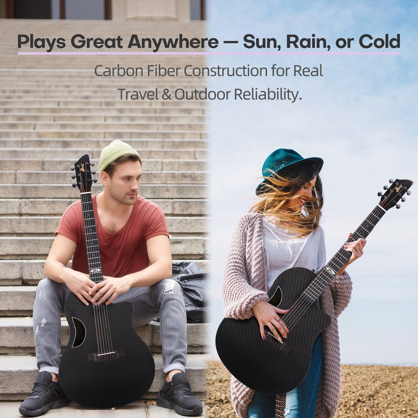 WINZZ AFO350CE Electro-Acoustic Guitar - Full Carbon Fiber 41-INCH Cutaway Acoustic Electric Guitar with Arched Back, EQ System, D’Addario Strings