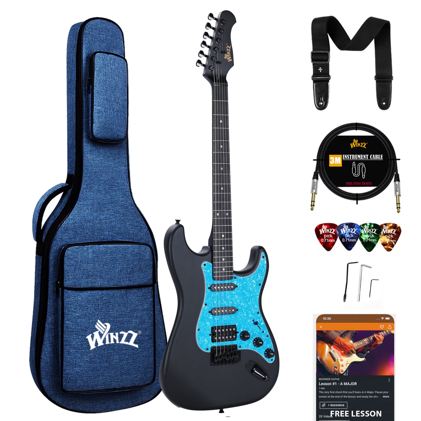 WINZZ 39-Inch EGS112H Solid Poplar Body Electric Guitar Set for Beginners