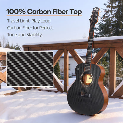 WINZZ AFC77E 36" Travel Guitar – Carbon Fiber Top, Mahogany Body, Okoume Neck, HPL Fingerboard, Optional EQ, 8mm Padded Gig Bag