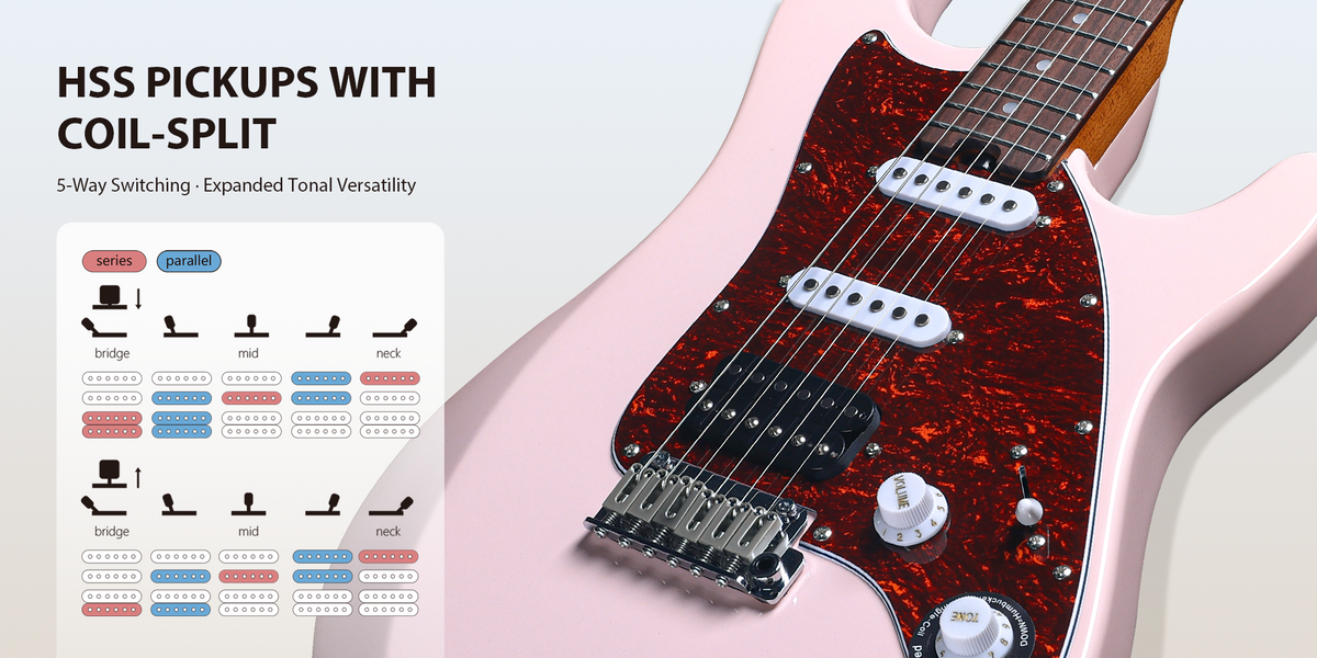 HSS PICKUPS WITH COIL-SPLIT5-Way Switching · Expanded Tonal Versatility