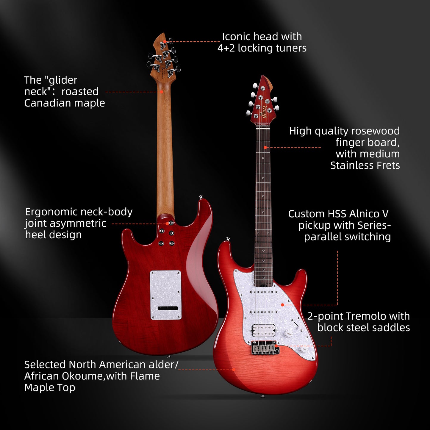 WINZZ Gravity PRO Series -WGS150 Solid Alder Body ST electric guitar With Roasted Maple Neck, HSS Pickups, Rosewood Fingerboard, D'Addario EXL120 Strings, Mini Double Locking Tremolo