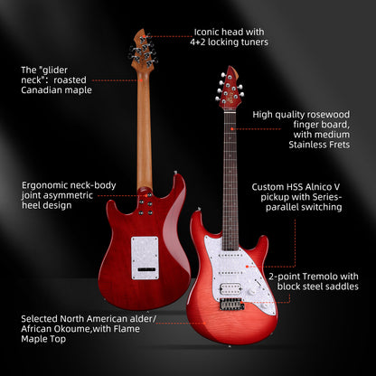 WINZZ Gravity PRO Series -WGS150 Solid Alder Body ST electric guitar With Roasted Maple Neck, HSS Pickups, Rosewood Fingerboard, D'Addario EXL120 Strings, Mini Double Locking Tremolo