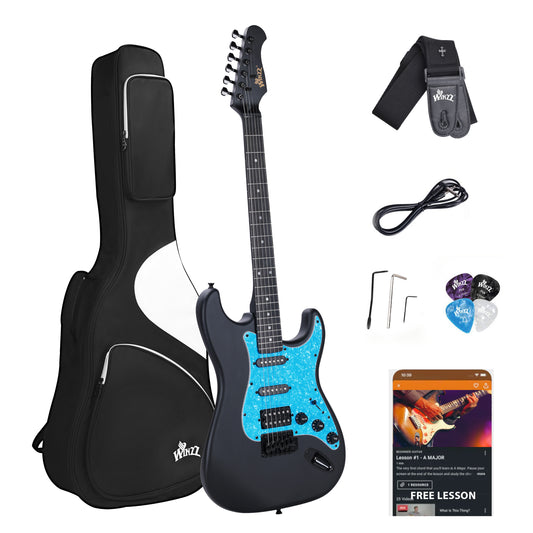 WINZZ Solid Poplar Wood Electric Guitar With Blue Pickguard - 39-Inch Beginner-Friendly Design, Perfect for Practice and Performance