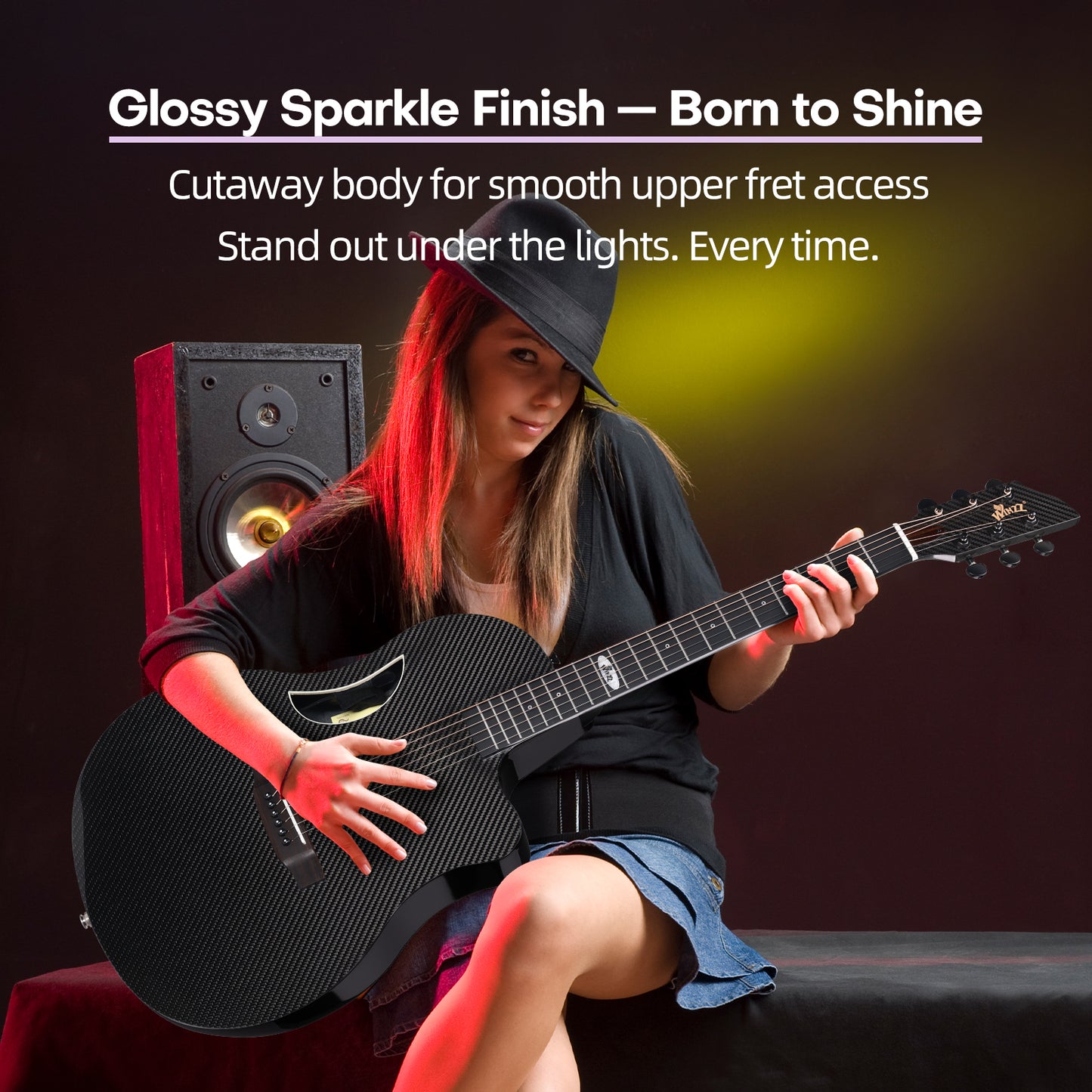 WINZZ AFO350CE Electro-Acoustic Guitar - Full Carbon Fiber 41-INCH Cutaway Acoustic Electric Guitar with Arched Back, EQ System, D’Addario Strings