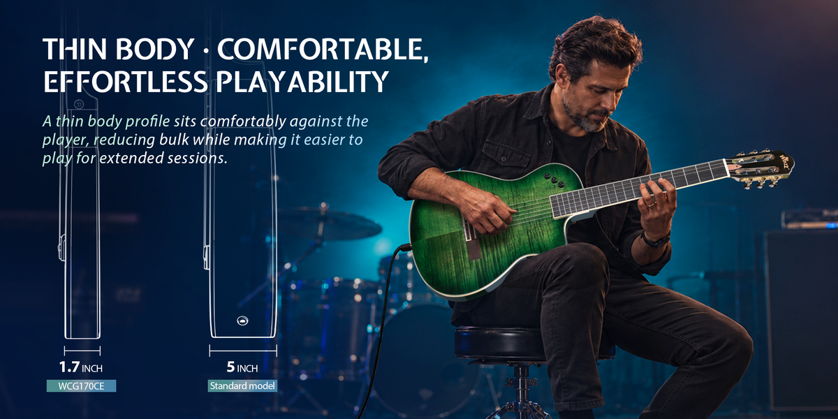 Thin Body · Comfortable, Effortless Playability A thin body profile sits comfortably against the player, reducing bulk while making it easier to play for extended sessions.