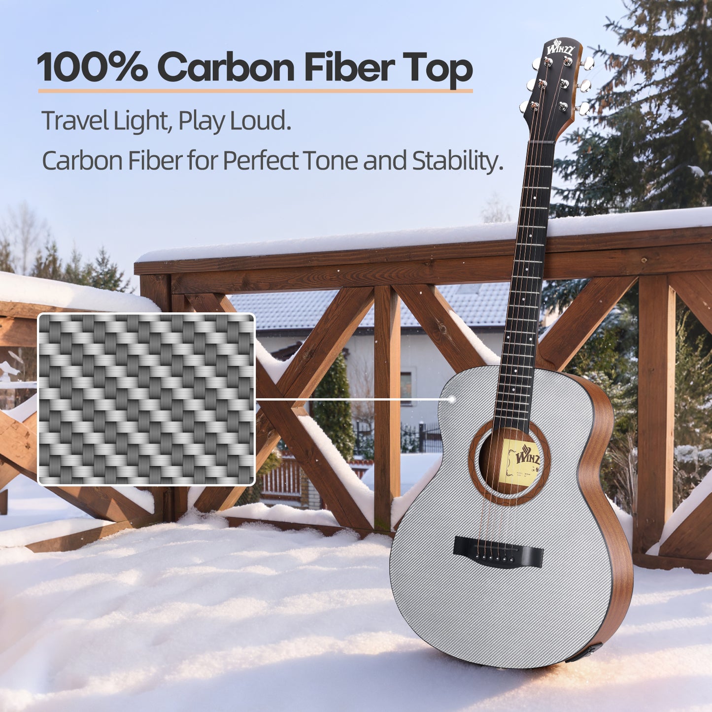 WINZZ AFC77E 36" Travel Guitar – Carbon Fiber Top, Mahogany Body, Okoume Neck, HPL Fingerboard, Optional EQ, 8mm Padded Gig Bag