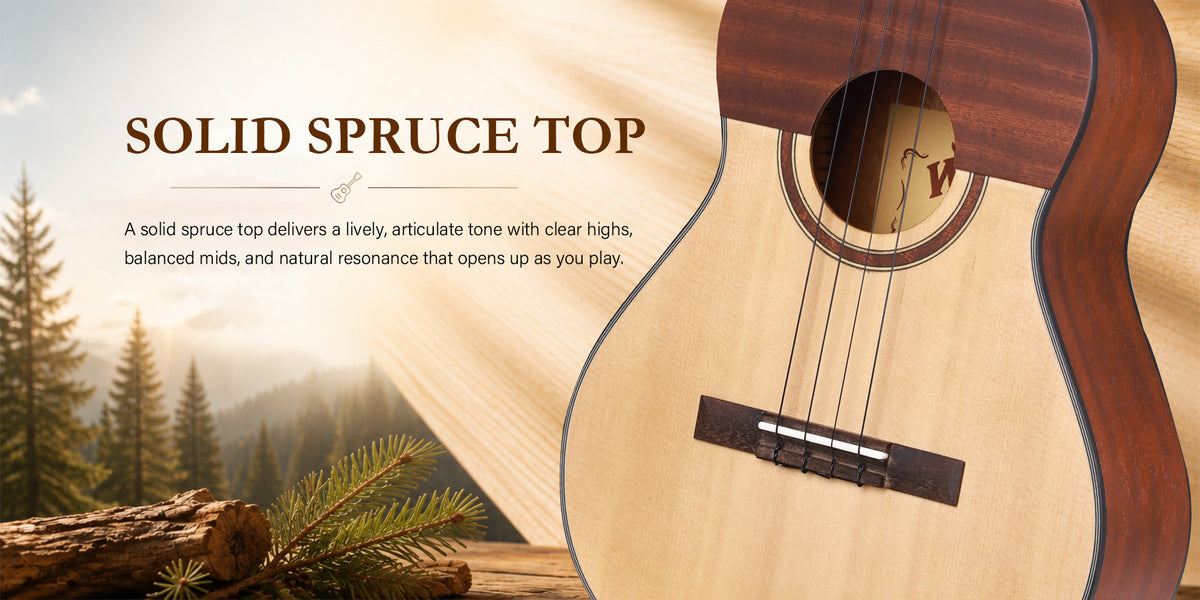 SOLID SPRUCE TOPA solid spruce top delivers a lively, articulate tone with clear highs, balanced mids, and natural resonance that opens up as you play.