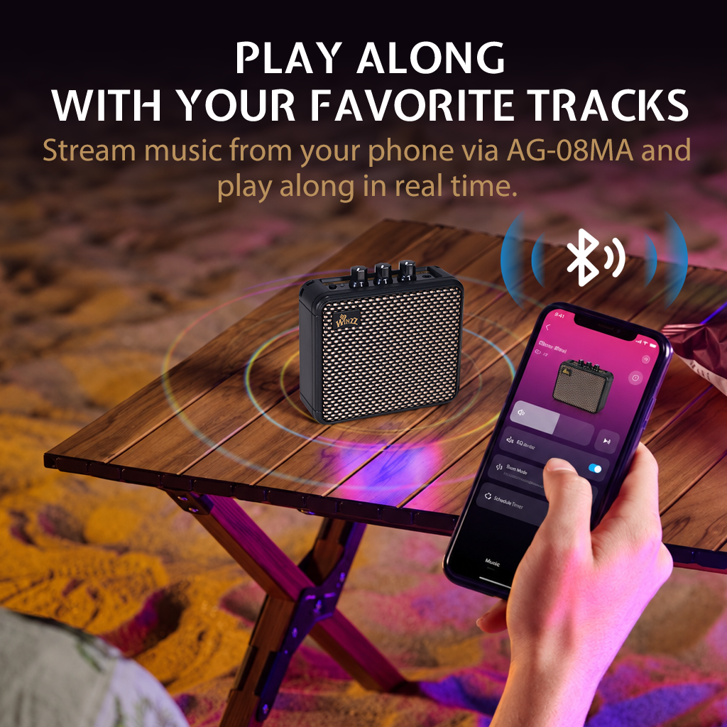 PLAY ALONG WITH YOUR FAVORITE TRACKS

Stream music from your phone via AG-08MA and play along in real time.