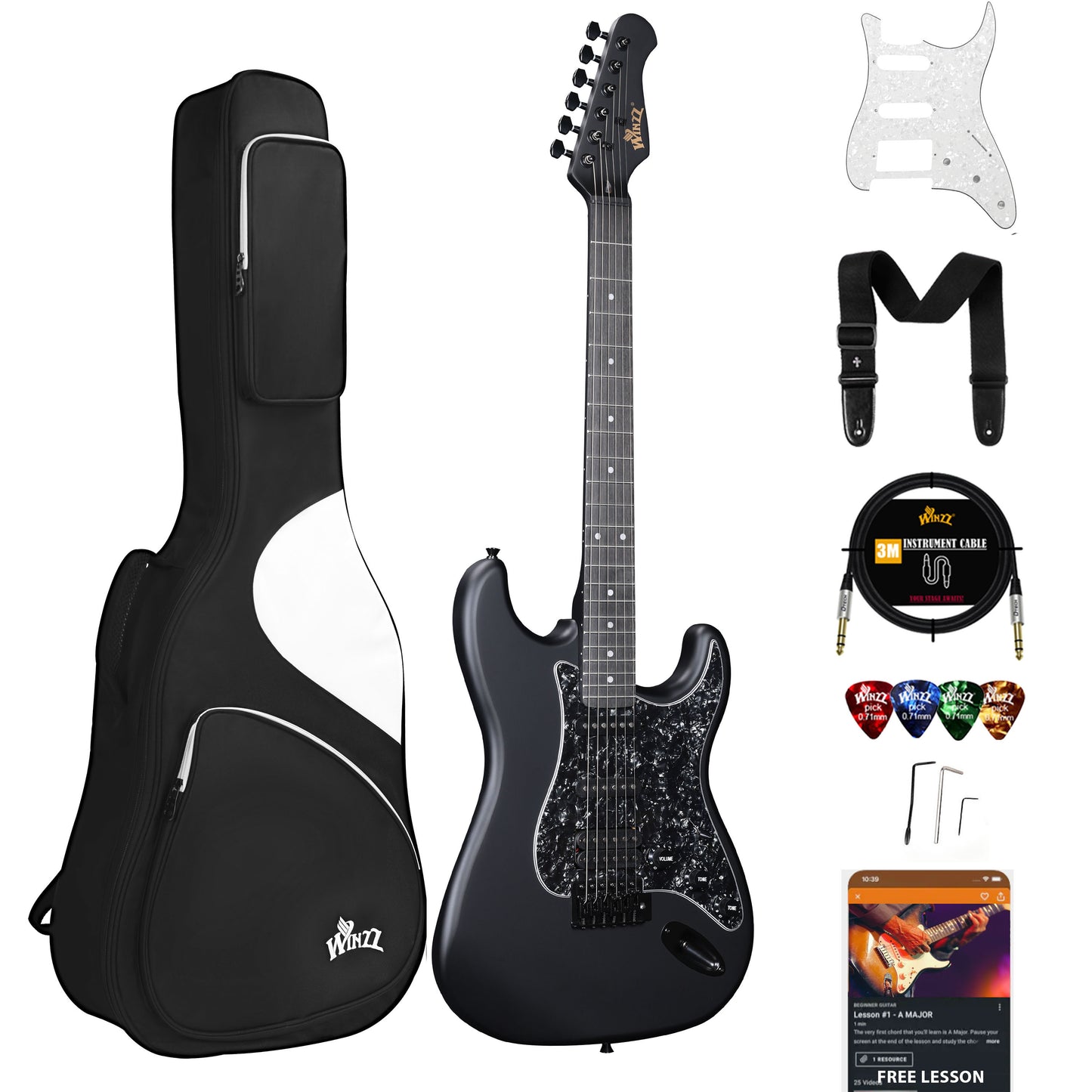 WINZZ Solid Poplar Wood Electric Guitar With Black Pickguard - 39-Inch Beginner-Friendly Design, Perfect for Practice and Performance