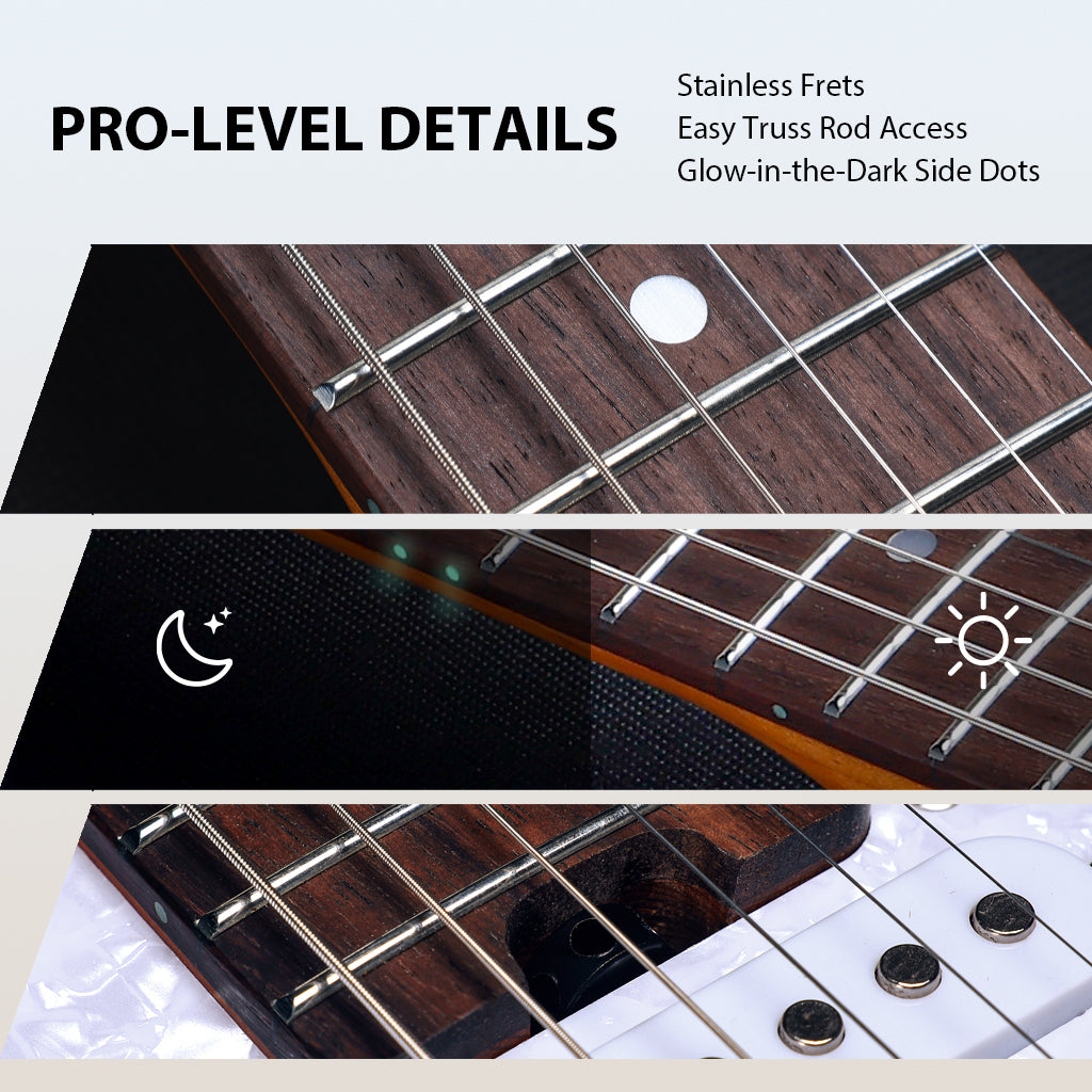Guitarra eléctrica WINZZ Gravity Series-WGS100 de cuerpo de aliso macizo con mástil de arce tostado, pastillas HSS, diapasón de palisandro, cuerdas D'Addario EXL120 y mini trémolo de doble bloqueo.