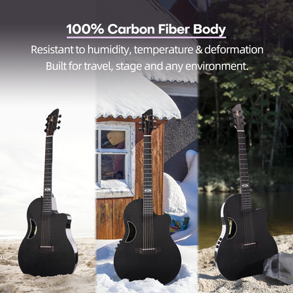 WINZZ AFO350CE Electro-Acoustic Guitar - Full Carbon Fiber 41-INCH Cutaway Acoustic Electric Guitar with Arched Back, EQ System, D’Addario Strings