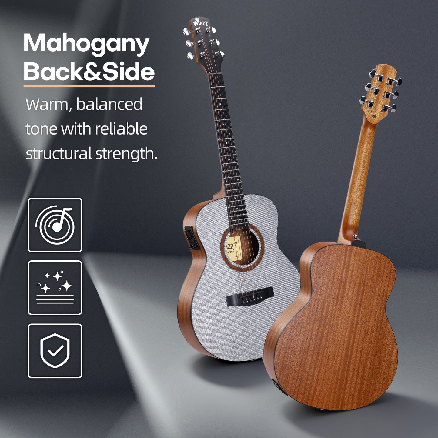 WINZZ AFC77E 36" Travel Guitar – Carbon Fiber Top, Mahogany Body, Okoume Neck, HPL Fingerboard, Optional EQ, 8mm Padded Gig Bag