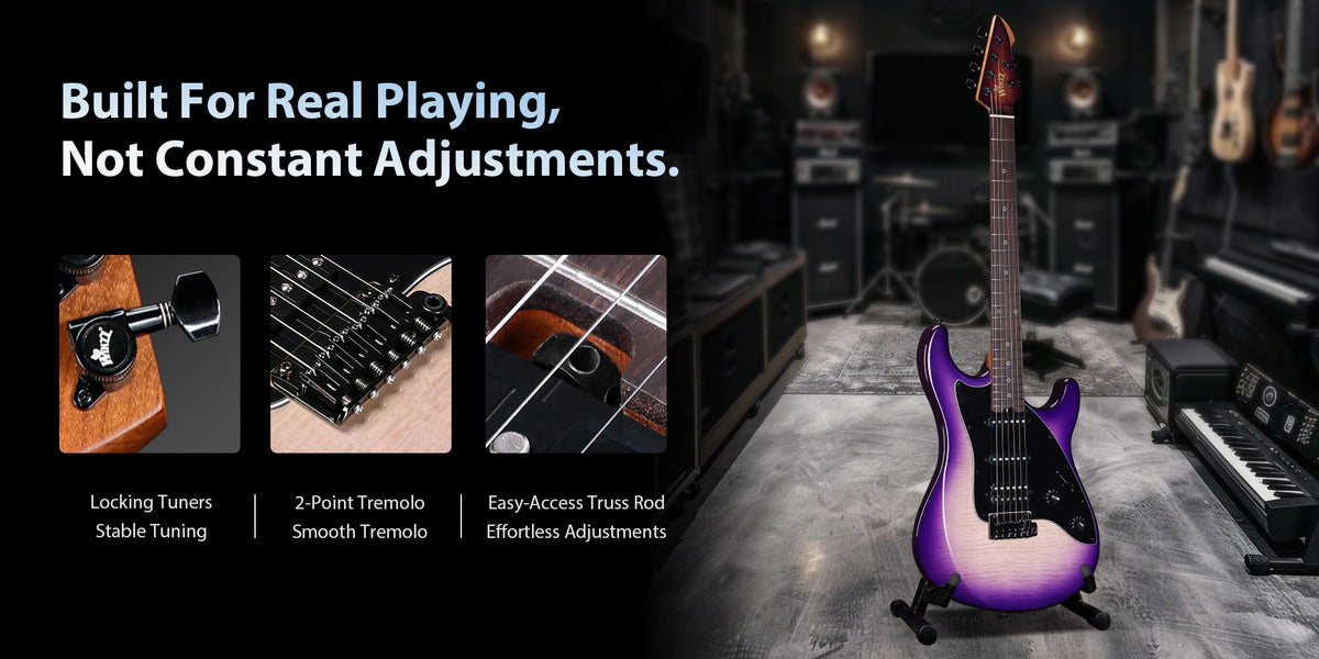 Built For Real Playing, Not Constant Adjustments.1.Locking Tuners.Stable Tuning.2.2-Point Tremolo.Smooth Tremolo.3.Easy-Access Truss Rod.Effortless Adjustments.