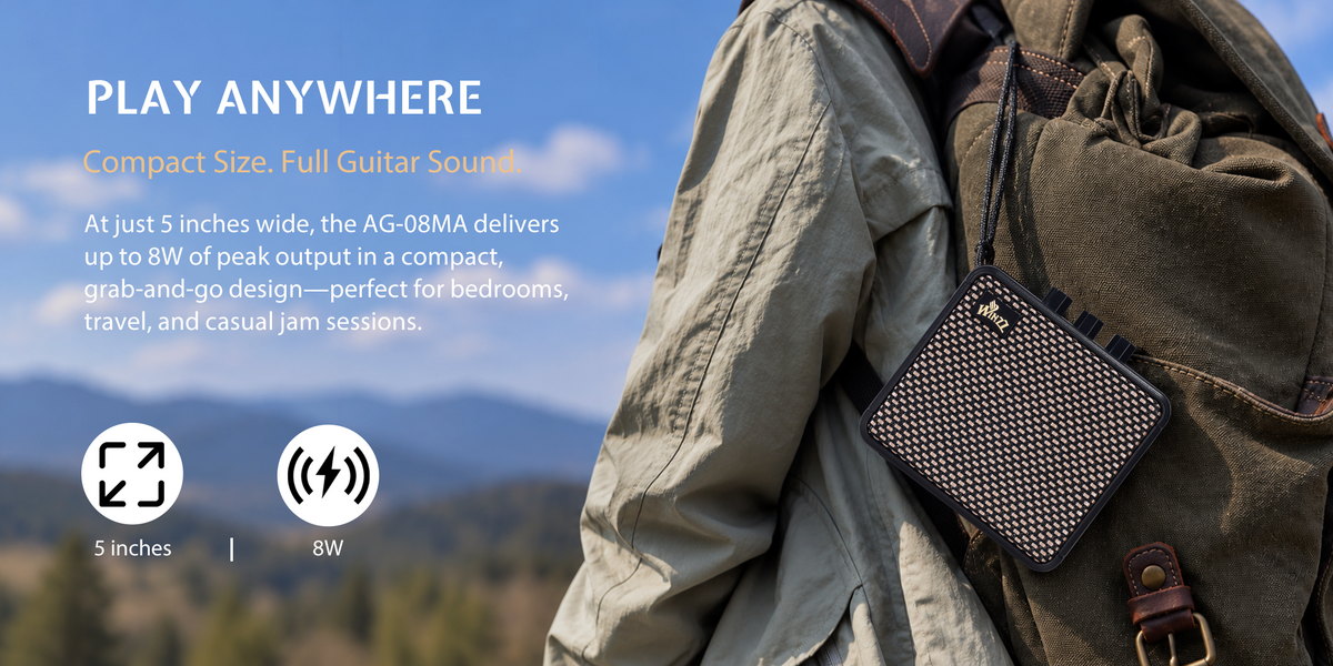 PLAY ANYWHERE Compact Size. Full Guitar Sound. At just 5 inches wide, the AG-08MA delivers up to 8W of peak output in a compact, grab-and-go design—perfect for bedrooms, travel, and casual jam sessions.