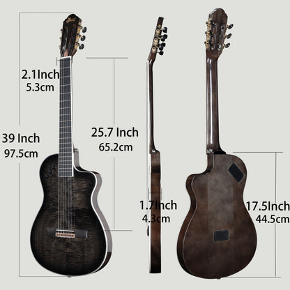 WINZZ WCG170CE 39-Inch Thin Body Classical-Electric Guitar - Nylon Strings, Built-in Preamp, Wide fingerboard,Perfect for Stage and Practice