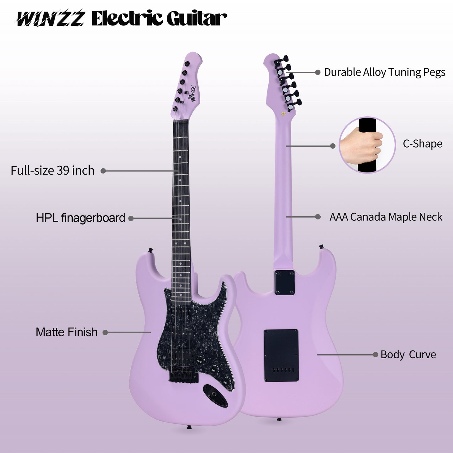 WINZZ Solid Poplar Wood Electric Guitar Set for Beginners - 39-Inch, Complete Starter Kit with Accessories