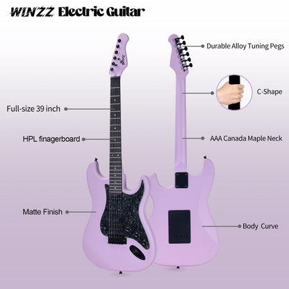 WINZZ Solid Poplar Wood Electric Guitar Set for Beginners - 39-Inch, Complete Starter Kit with Accessories