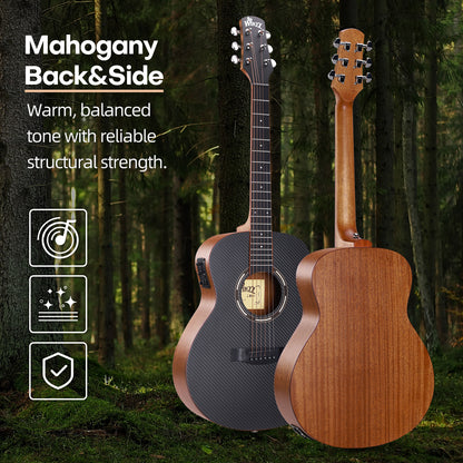 WINZZ AFC77E 36" Travel Guitar – Carbon Fiber Top, Mahogany Body, Okoume Neck, HPL Fingerboard, Optional EQ, 8mm Padded Gig Bag