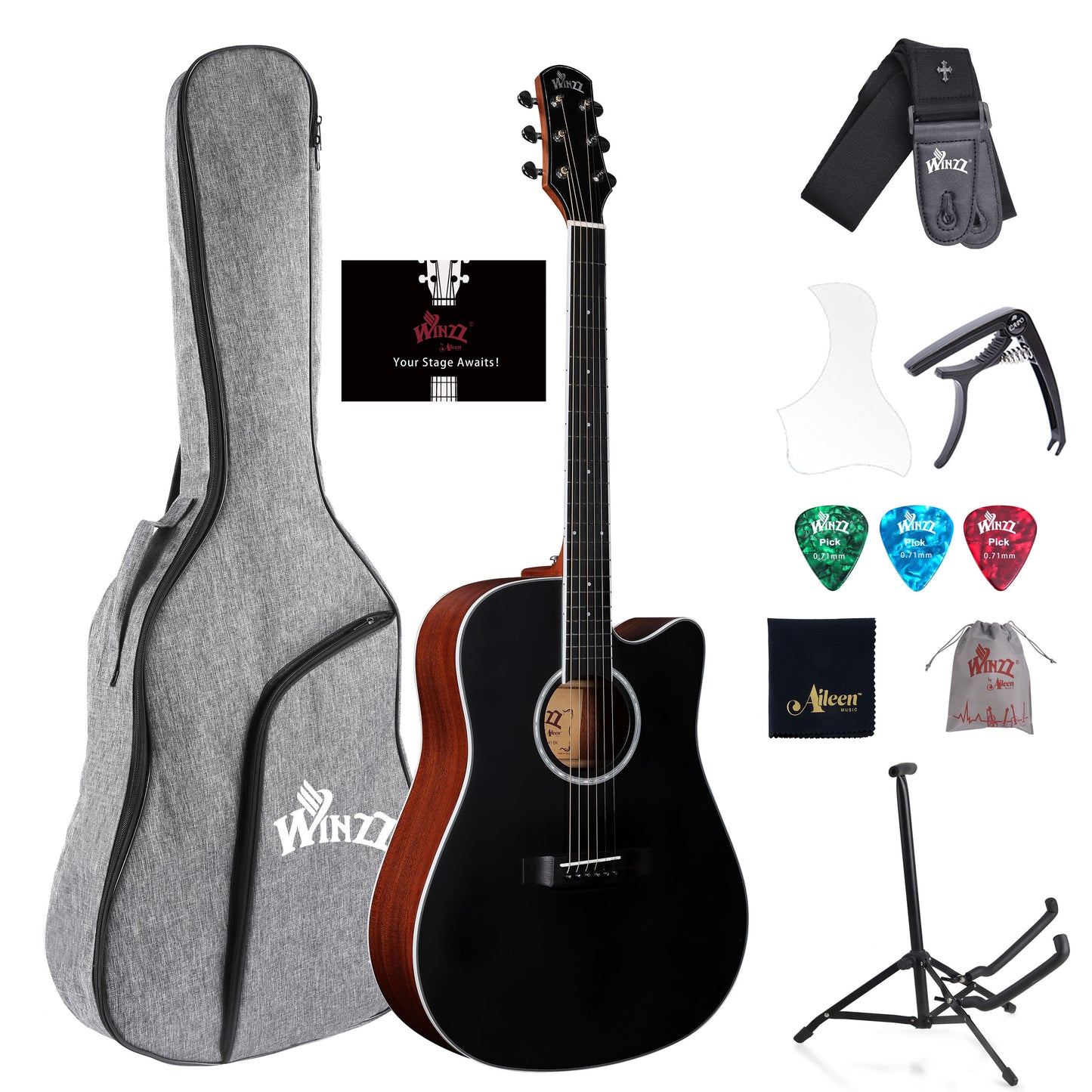 WINZZ AFM485C Solid Spruce Cutaway Dreadnought Acoustic Guitar,Black Matte