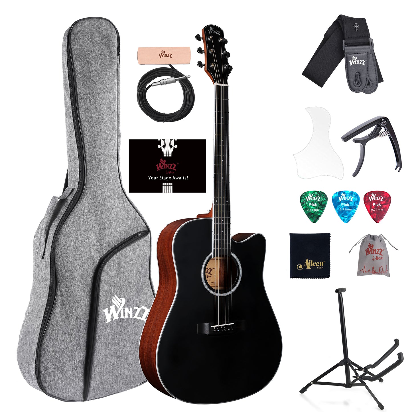 WINZZ AFM485C Solid Spruce Cutaway Dreadnought Acoustic Guitar,Black Matte