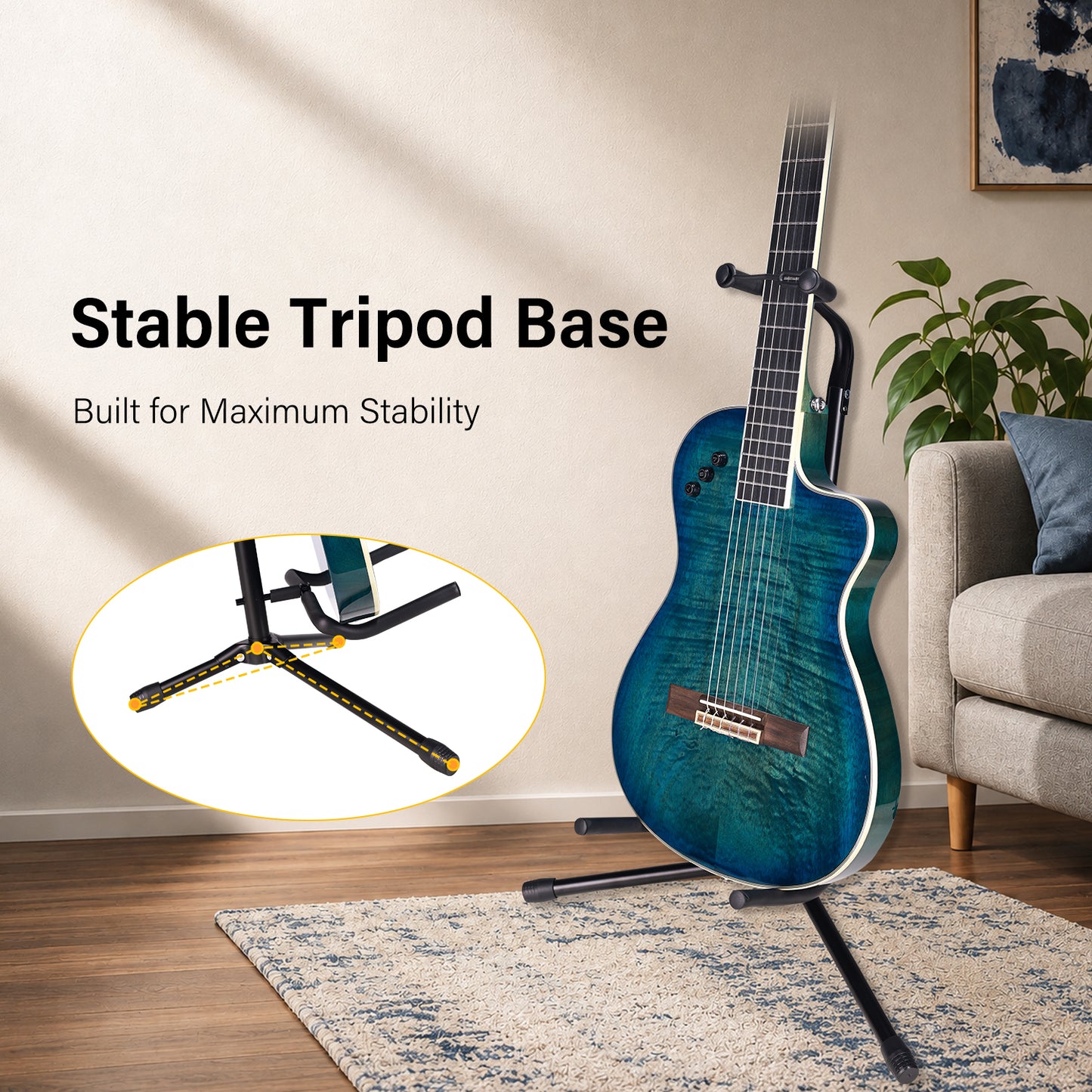 WINZZ Folding Guitar Stand, Adjustable Tripod Guitar Holder with Neck Support Lock, Portable Collapsible Stand for Acoustic, Electric & Bass Guitars