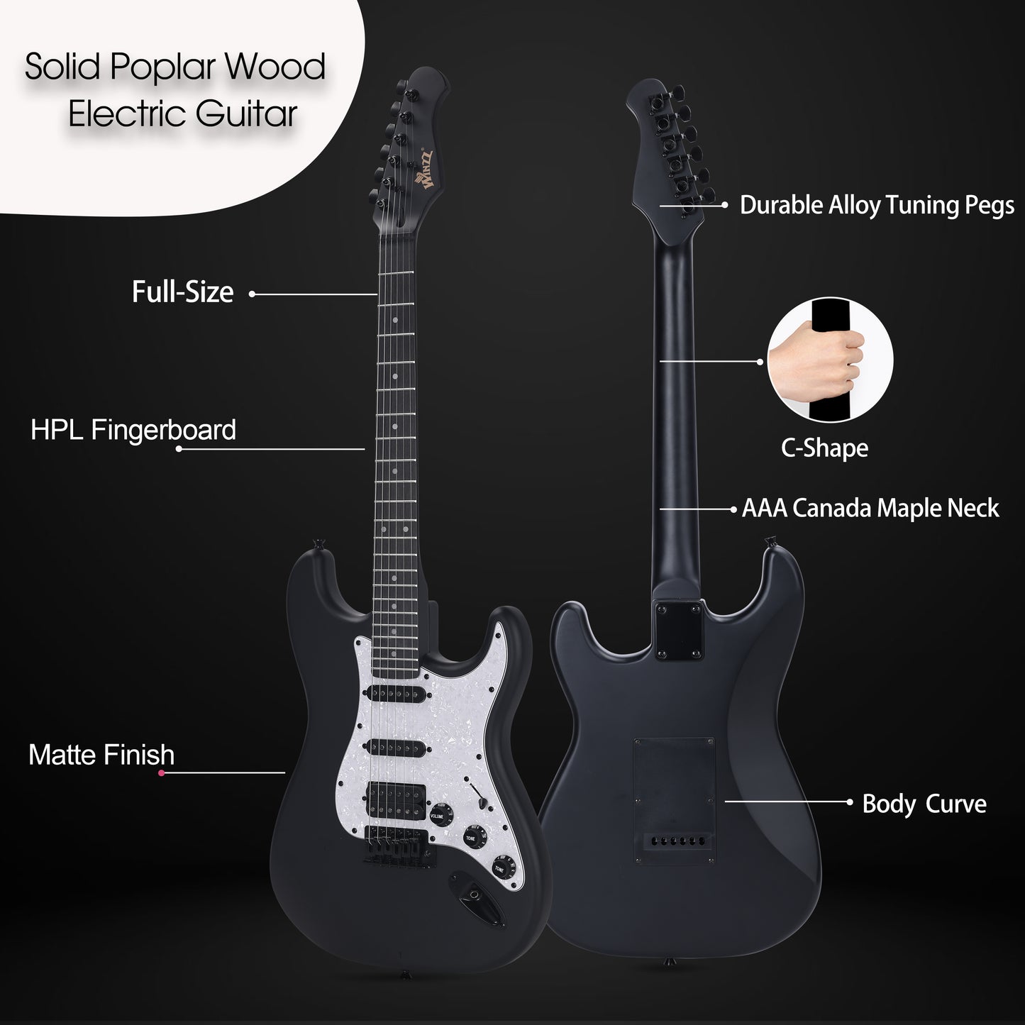 WINZZ Solid Poplar Wood Electric Guitar Set for Beginners - 39-Inch, Complete Starter Kit with Accessories