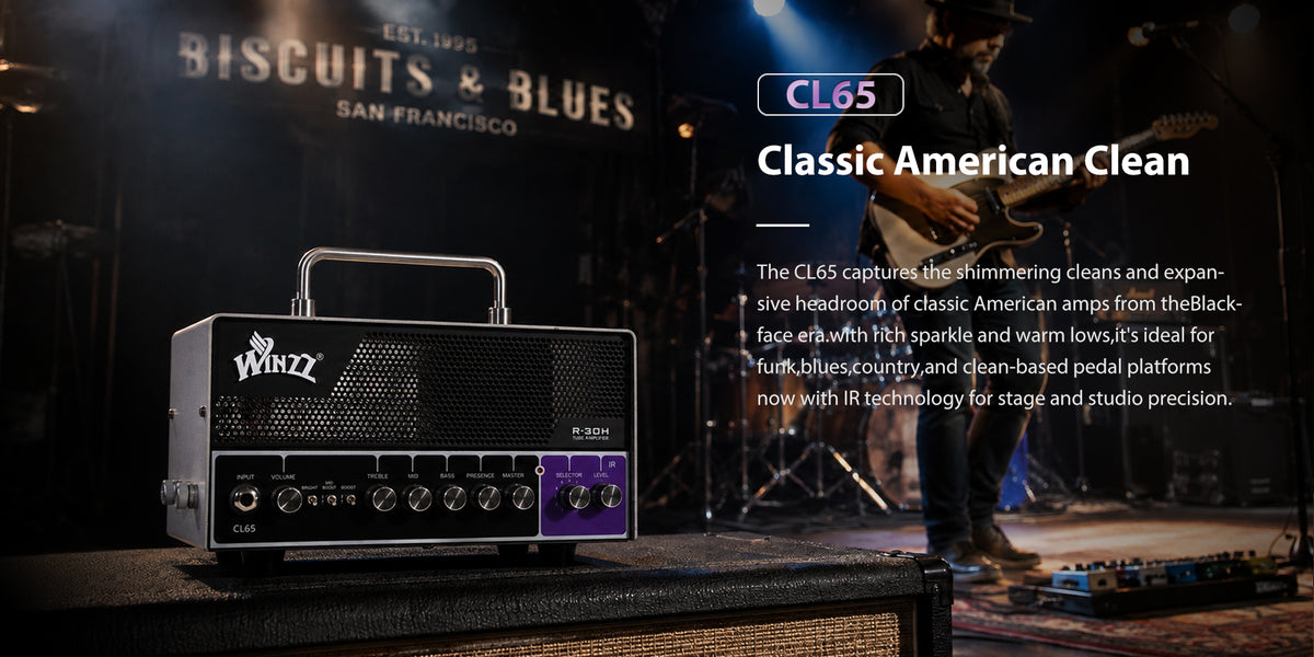 CL65 Classic American CleanThe CL65 captures the shimmering cleans and expan-sive headroom of classic American amps from theBlack-face era.with fich sparkle and warm lows,it's ideal forfunk,blues,country,and clean-based pedal platformsnow with IR technology for stage and studio precision.