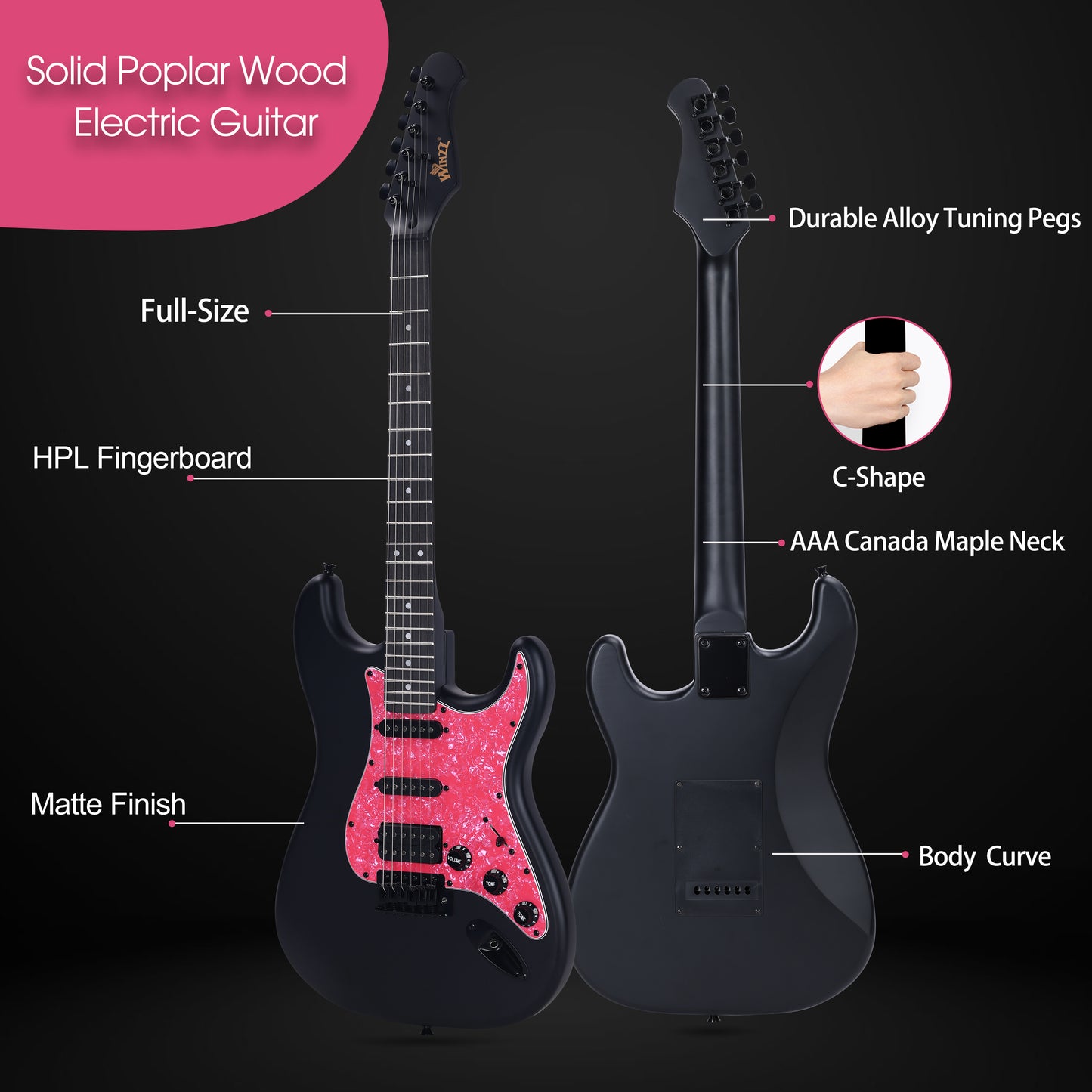 WINZZ Solid Poplar Wood Electric Guitar Set for Beginners - 39-Inch, Complete Starter Kit with Accessories