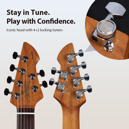 Guitarra eléctrica WINZZ Gravity Series-WGS100 de cuerpo de aliso macizo con mástil de arce tostado, pastillas HSS, diapasón de palisandro, cuerdas D'Addario EXL120 y mini trémolo de doble bloqueo.