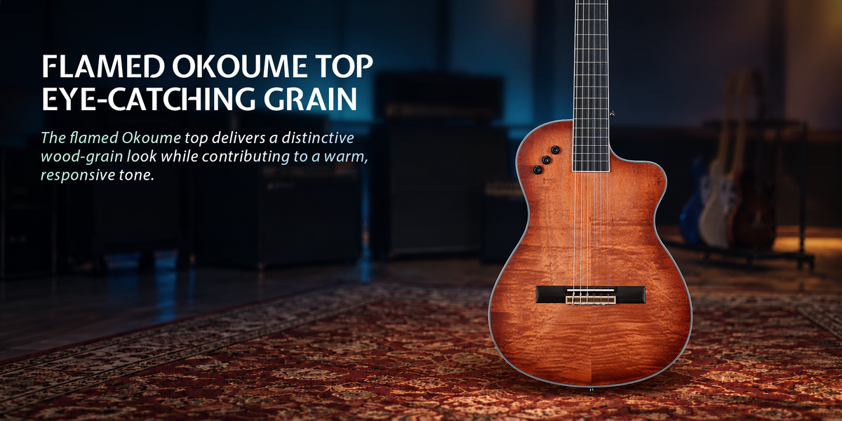 Flamed Okoume Top · Eye-Catching Grain The flamed Okoume top delivers a distinctive wood-grain look while contributing to a warm, responsive tone.