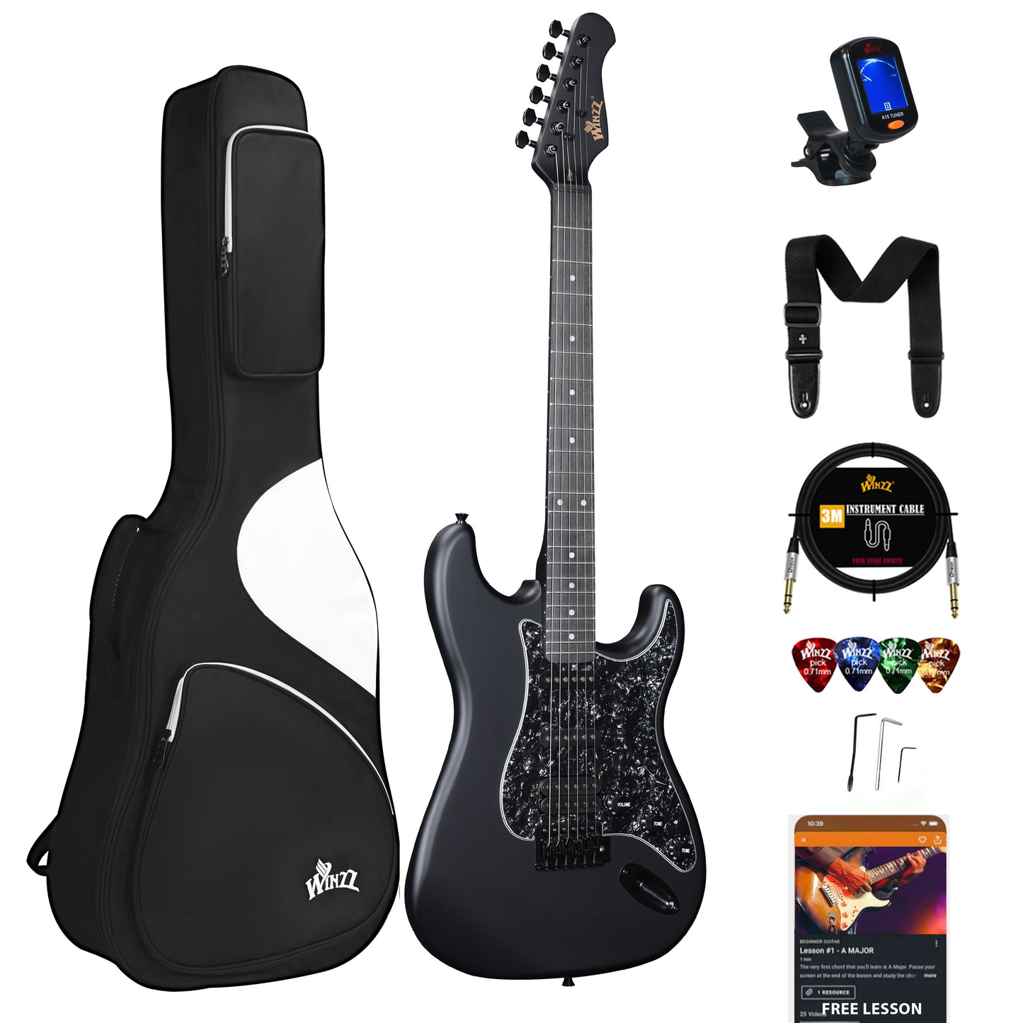 WINZZ Solid Poplar Wood Electric Guitar With Black Pickguard - 39-Inch Beginner-Friendly Design, Perfect for Practice and Performance