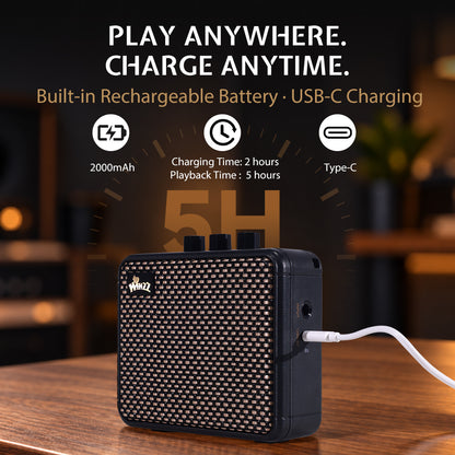 PLAY ANYWHERE. CHARGE ANYTIME.

Built-in Rechargeable Battery · USB-C Charging
Charging Time:2 hours
Playback Time : 5 hours
2000mAh