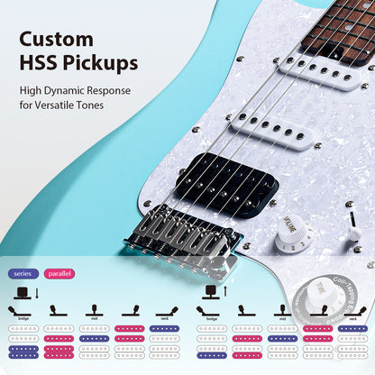 Guitarra eléctrica WINZZ Gravity Series-WGS100 de cuerpo de aliso macizo con mástil de arce tostado, pastillas HSS, diapasón de palisandro, cuerdas D'Addario EXL120 y mini trémolo de doble bloqueo.