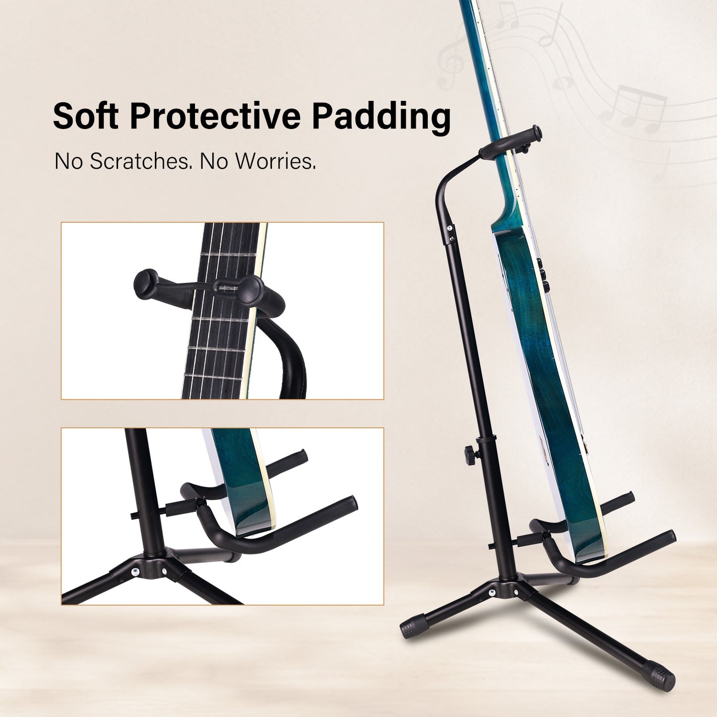 WINZZ Folding Guitar Stand, Adjustable Tripod Guitar Holder with Neck Support Lock, Portable Collapsible Stand for Acoustic, Electric & Bass Guitars