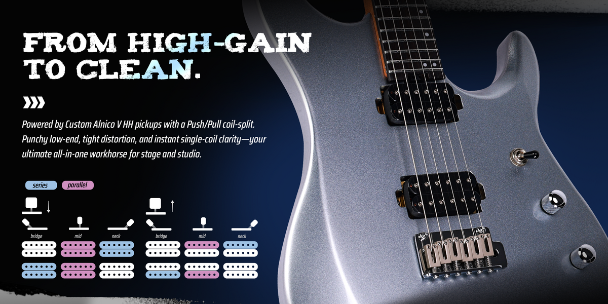 From Heavy High-Gain to Crisp Funk.Powered by Custom Alnico V HH pickups with a Push/Pull coil-split. Punchy low-end, tight distortion, and instant single-coil clarity—your ultimate all-in-one workhorse for stage and studio.