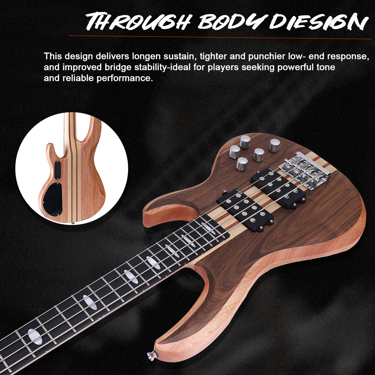 Winzz 4-String Through-Body Bass Guitar – Okoume Body with Walnut