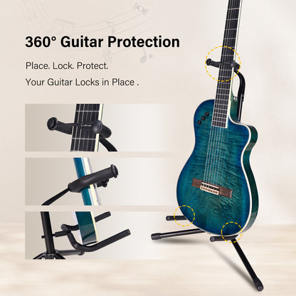 WINZZ Folding Guitar Stand, Adjustable Tripod Guitar Holder with Neck Support Lock, Portable Collapsible Stand for Acoustic, Electric & Bass Guitars