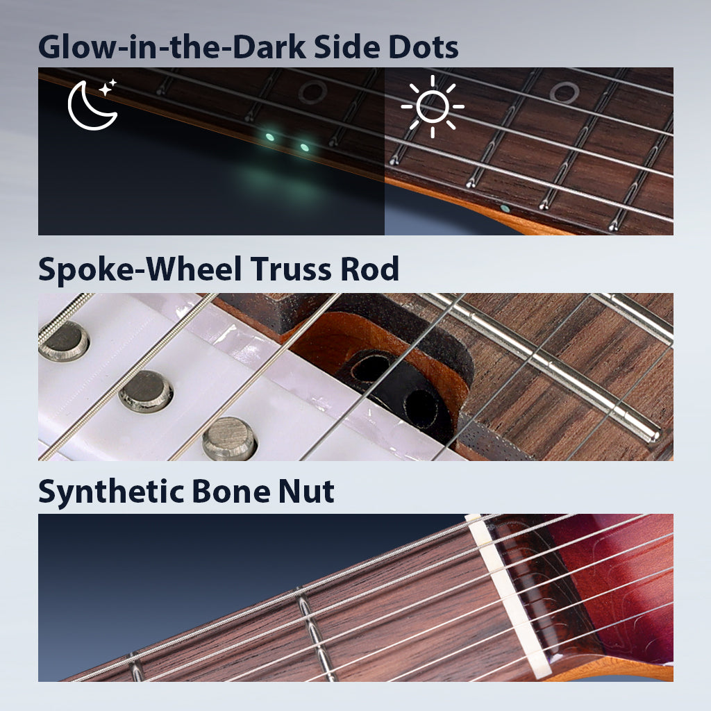 Three-panel feature graphic for an electric guitar, showing close-up details: glow-in-the-dark side dots with moon and sun icons, a spoke-wheel truss rod, and a synthetic bone nut on a wood-finish guitar.