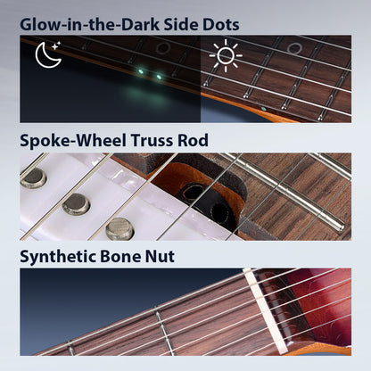 Three-panel feature graphic for an electric guitar, showing close-up details: glow-in-the-dark side dots with moon and sun icons, a spoke-wheel truss rod, and a synthetic bone nut on a wood-finish guitar.